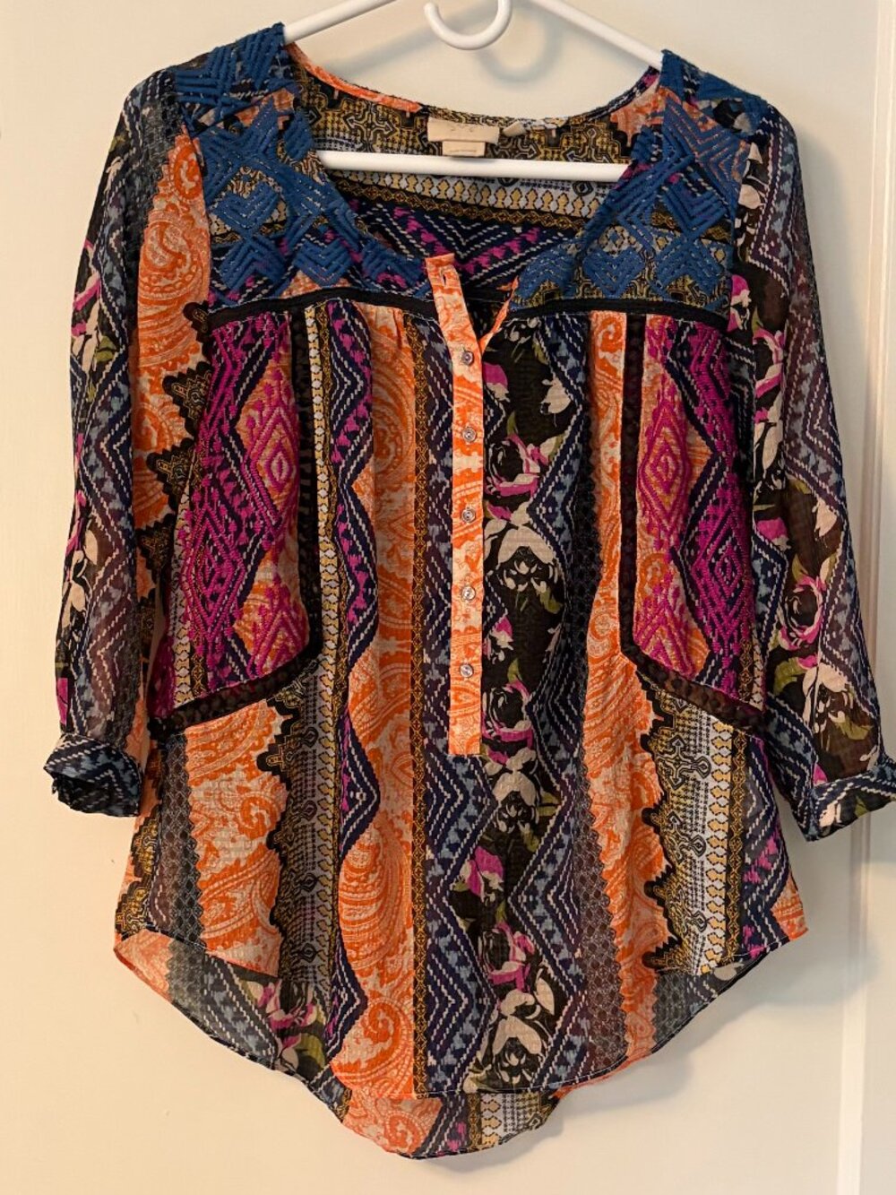 Anthropologie Vanessa Virginia embroidered patchwork blouse sheer cut out detail